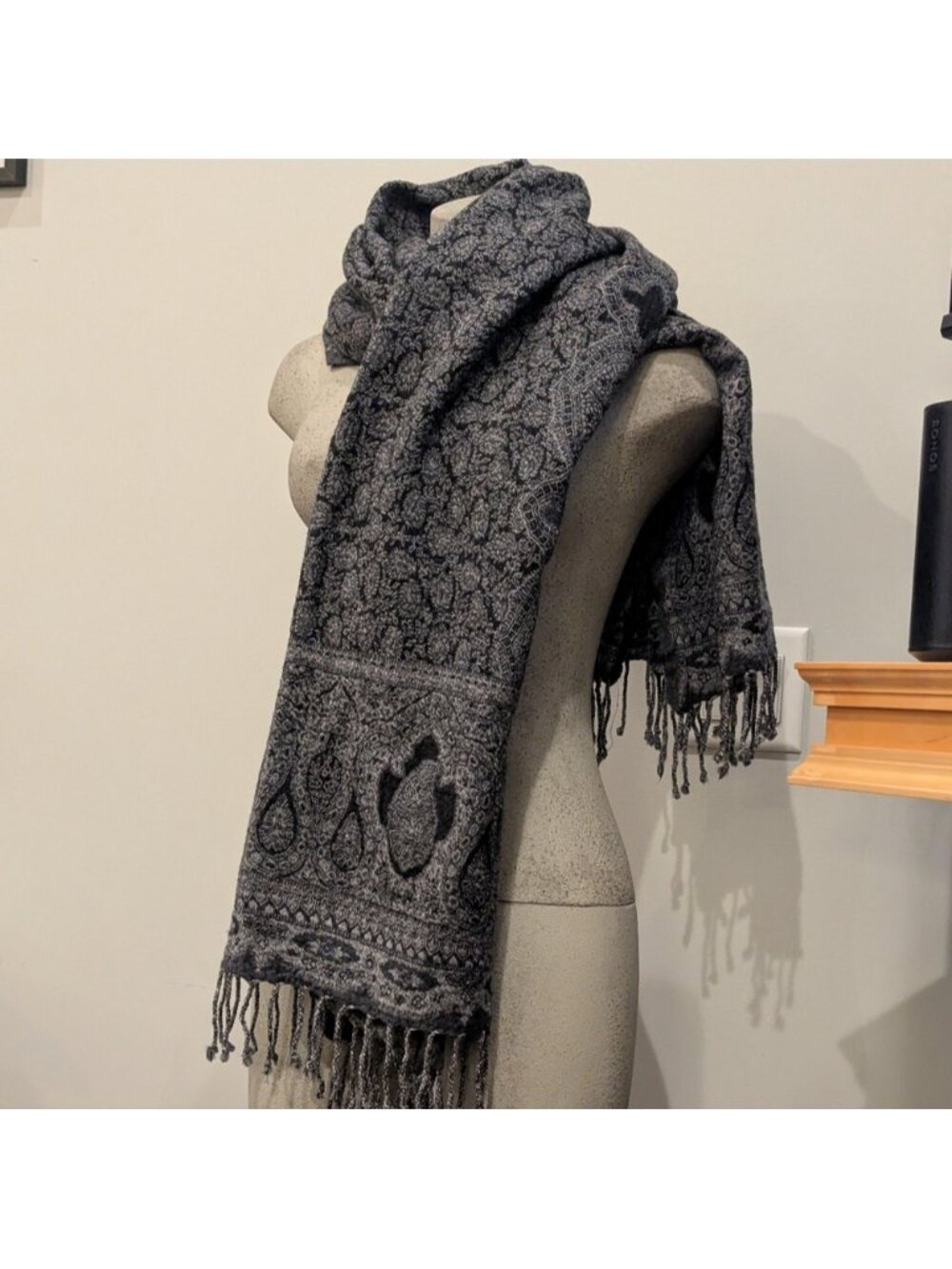 Wool Scarf Wrap With Paisley Jacquard Design Gray & Black Soft Merino Wool